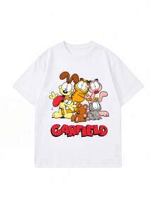 SHEIN | Garfield 女款可愛卡通團體印花圓領T恤，休閒寬鬆街頭風短袖上衣，適合夏季日常與度假穿著 - 白色 - 查看 4