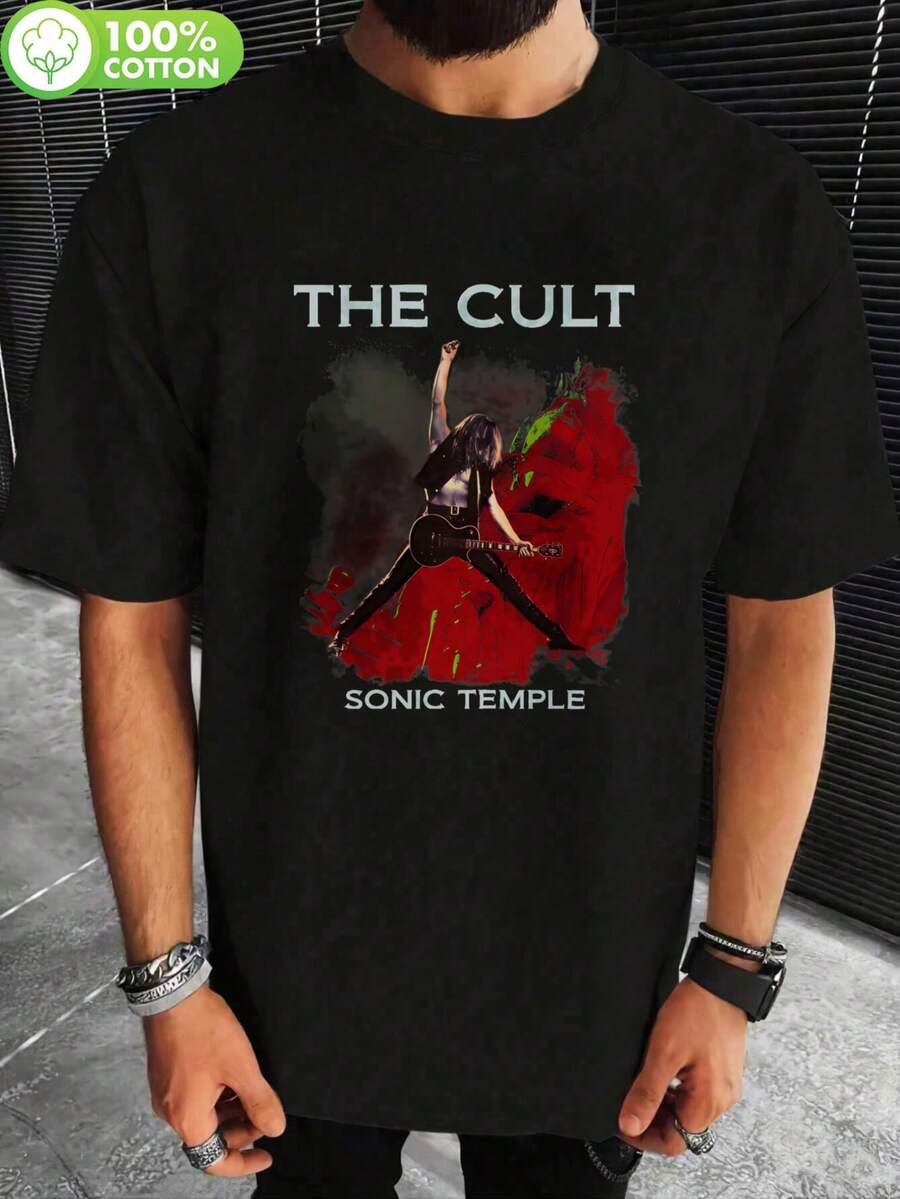 Camiseta de banda de rock para hombre con estampado de The Cult & Temple - Diseño clásico de logotipo, manga corta en negro con estilo vintage negro y rojo, ropa casual cómoda para el - Negro - Ver 1