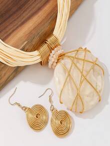 1Set Boho Amber Jewelry Set, Multi-Strand Brown Rope Collar Necklace & Gold Spiral Earrings For Women, Multi Colors, Party Vacation Accessory - Coffee Brown - View 11