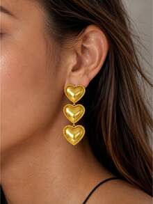 1 Pair Long Earrings, 24K Gold-Plated Iron Body With 3D Heart Decoration, Elegant French Classic Style - Love - View 1