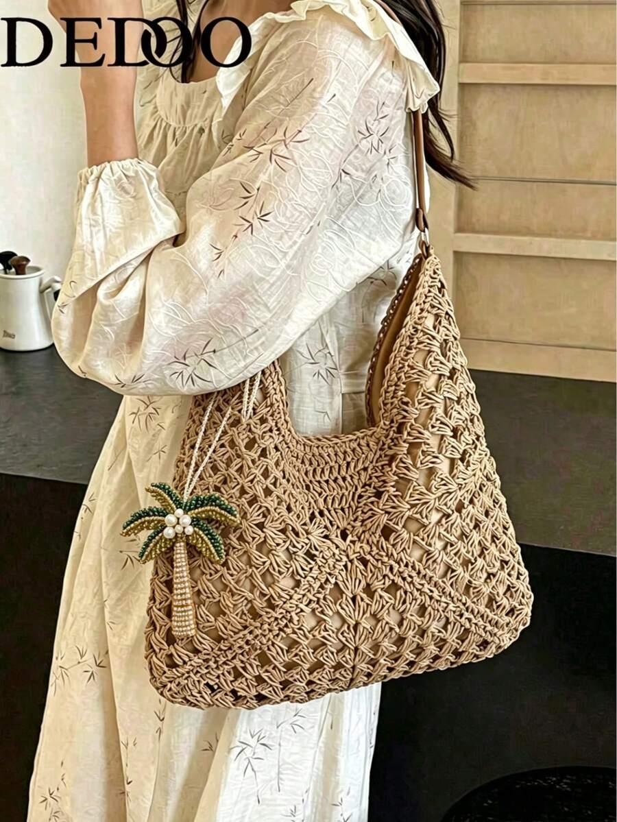 Dedoo Women's Crochet Bohemian Large Capacity Shoulder Bag, Beaded Coconut Tree Pattern, Leather Handle, Suitable For Summer (Random Pendant Hook)