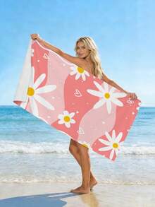 1pc Daisy Beach Towel, Daisy Print Microfiber Absorbent Sand-Proof Large Beach Bath Towel, Bathroom, Swimming, Fitness, Yoga, Camping, Soft Comfortable Microfiber Towel, Lightweight Portable, Windproof Sun Protection, Summer Travel, Bathroom, Beach Decor, Beach Vacation Essential Gift Beach Towel (Single-Sided Printing) - Rose-red Daisies - View 4