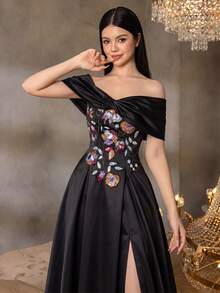 Alisa&Leo Floral Embroidered Satin Ruffle Shoulder Maxi Dress - A-Line Silhouette And Zipper Back Closure - Suitable For Prom, Party And Social Events - Black - View 4