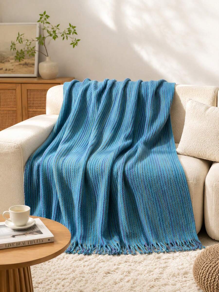 1pc Soft Knitted Blanket, Sofa Decor Knitted Blanket, Office Nap Blanket, Suitable For Daily Use - Blue Striped Scarf - View 1