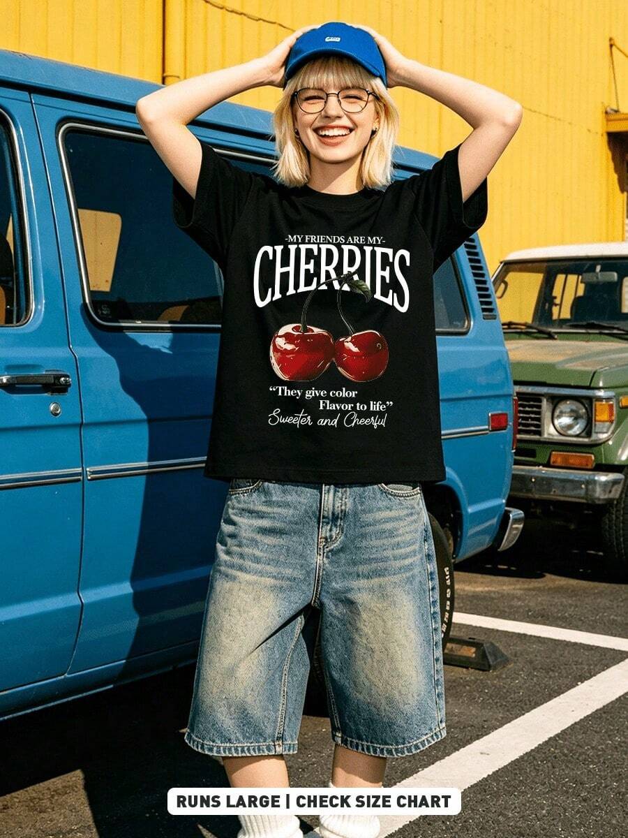Summer casual soft cotton printed crew neck short-sleeve top with retro European street Y2K style. - Schwarz - Übersicht 1