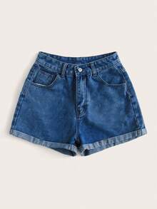 Summer Rolled-Up High-Waisted Denim Shorts - 紫紅色 - 查看 1