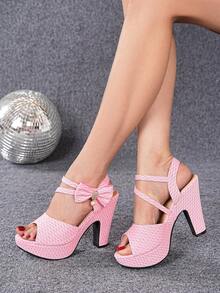 Women's Summer 2026 New Peep Toe High Heel Sandals With Bow, Chunky Heel Platform Sandals For Students, Plus Size - Pink - View 3