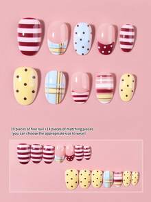 24pcs Kuku Tempel Pendek Oval Warna-warni Gaya Y2K dengan Ujung French Tip, Garis Pelangi, Polka Dot & Desain Bintang, Kuku Musim Semi/Panas, Set Kuku Palsu Akrilik Pas Sempurna, Termasuk 1 buah Lem Jelly & 1 buah Kikir Kuku, Cocok Untuk Penggunaan Sehari-hari & Pesta Anak Perempuan - MultiWarna - View 2