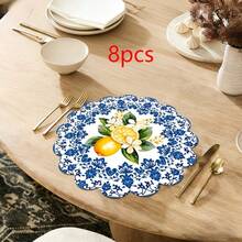 1/2/4/6/8/300PCS 36cm Wavy Round Placemats, 2 Blue Porcelain Lemon Designs. 100% Woven Polyester, Washable, Heat & Waterproof, For Kitchen Table Decor. - Multicolor - View 13