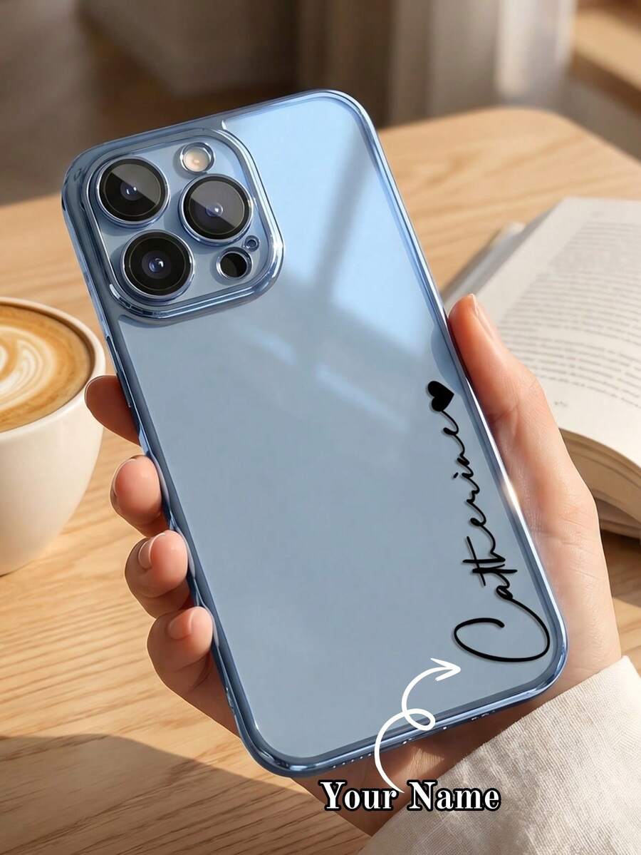 客製化草寫姓名電鍍透明手機殼，極簡小愛心個性化 DIY 刻字透明防震保護殼，適用 17 16 15 14 13 12 11 Pro Max Plus，優雅美感手機配件，適合女性、青少年女孩，生日、情人節、聖誕節、母親節、畢業、週年紀念