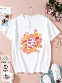 Neuestes ModellDamen-T-Shirt aus 100 % Baumwolle – mit Blumendruck, Rundhalsausschnitt, Kurzarm für lässige Sommerausflüge; Locker und faul - Weiss - Übersicht 2