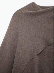 THREADLY Autumn/Winter New Slouchy Scarf Cape Round Neck Long Sleeve Short Knit Coat Jacket - Brown - View 4