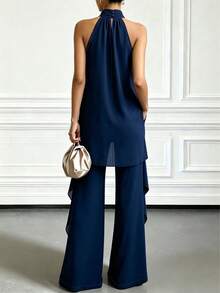 Summer Elegant Purple Halter Neck Asymmetric Two Pieces Set, Halter Neck High Collar Sleeveless Asymmetric Top With Wide Leg Pants - Dark Blue - View 4
