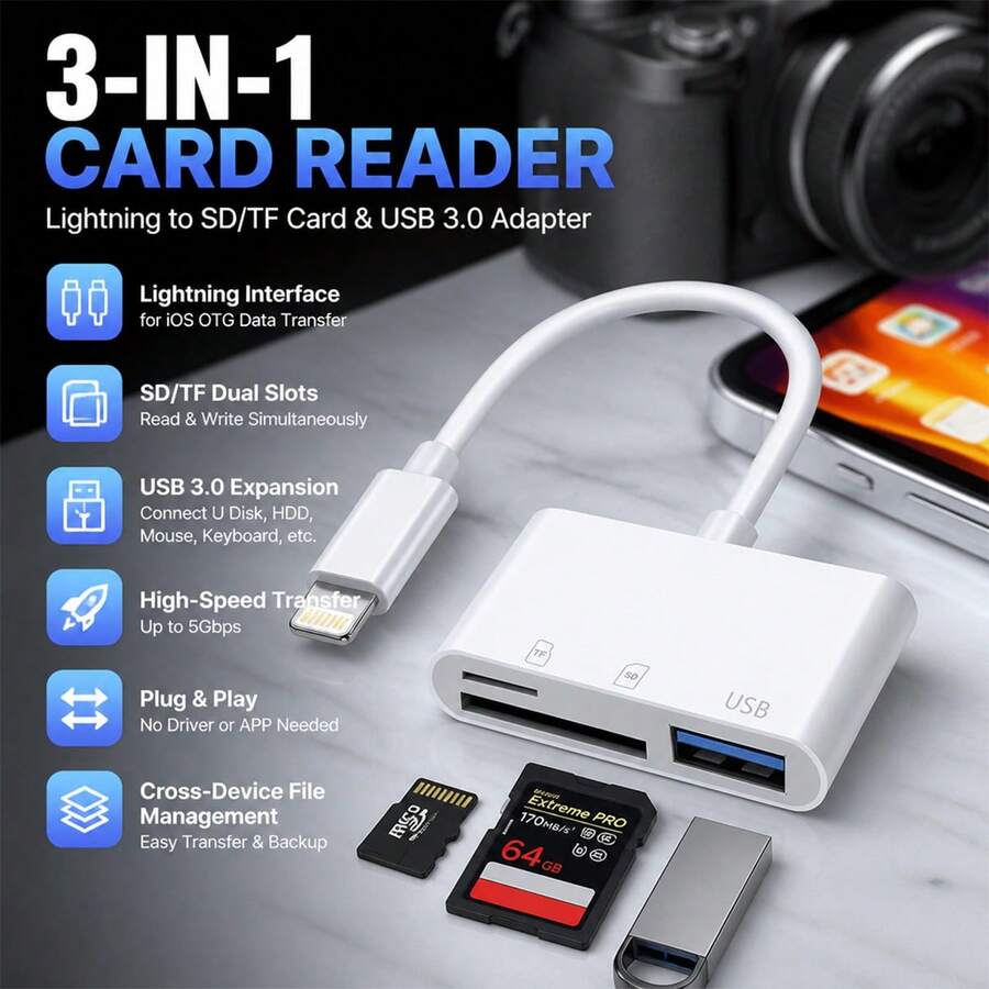 Lecteur de carte SD 3-en-1 Lightning/Type-C, adaptateur de lecteur de carte mémoire, visionneuse de caméra portable Plug & Play compatible avec les cartes SD/TF/Micro SD - Blanc - Voir 1
