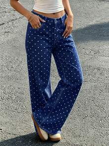 Celana Jeans Wanita Motif Polkadot Lucu, Celana Panjang Kasual, Desain Detail Kancing dan Resleting, Kain Tidak Melar - Navy Blue - View 6