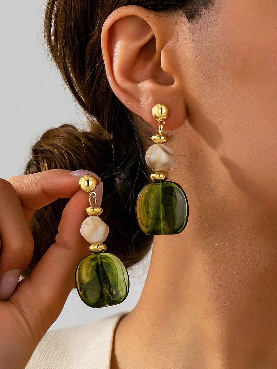 1 Pair Vintage Unique Exaggerated Asymmetric Resin Drop Earrings, Women's Jewelry Accessories For Daily Commute, Vacations, Dates, Banquets And Parties - Gold + Green - View 1