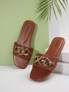 Women Brown Slipper Chain Decor Summer House Slipper Outdoor Flat Slipper With Comfortable And Stylish Design - Brown - View 3