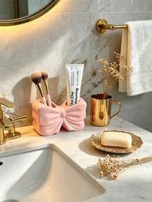 1pc Dual Slot White & Pink Cute Bow Toothbrush & Toothpaste Holder Makeup Brush Organizer Bathroom Countertop Vanity Accessory Aesthetic INS Style Home Decor Bathroom Dorm Apartment Essentials - Multicolor - View 7