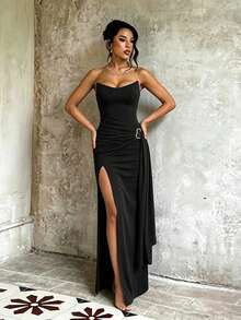 Vestido de fiesta elegante de verano para mujer, diseño sexy con abertura en la cintura y tirantes, vestido de playa, adecuado para bodas, cenas y vacaciones - Negro - Ver 4