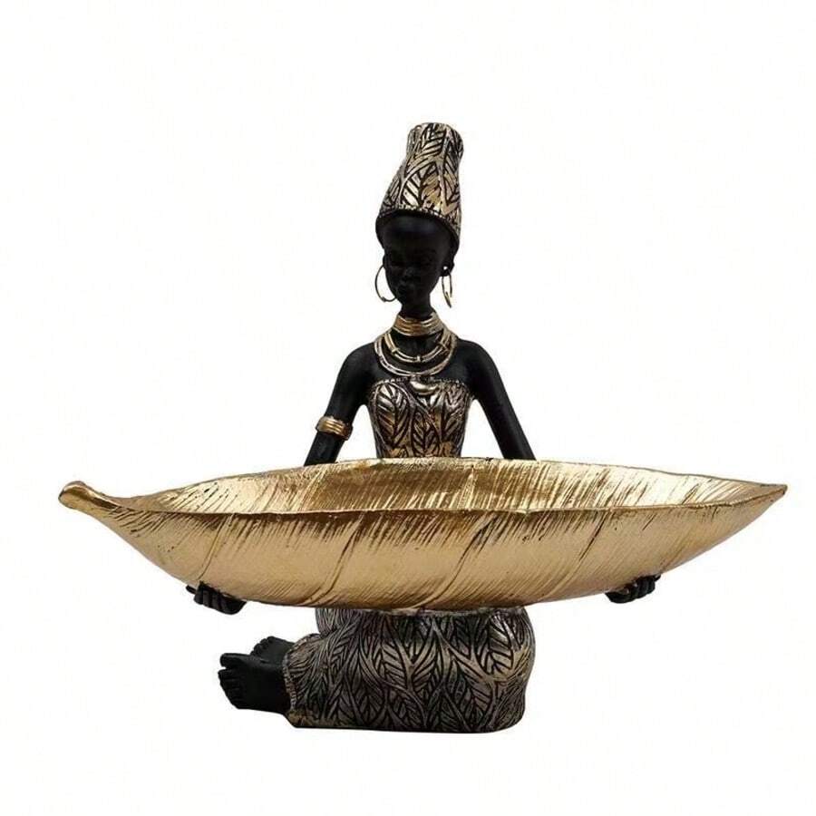 2D Flat Printed Acrylic African Girl Holding Plate Sculpture, Exotic Style Female Statue, Home Office Decor Ornament, Vintage Collectible Craft Desktop Display, Birthday Graduation Gift - 1PC - View 1