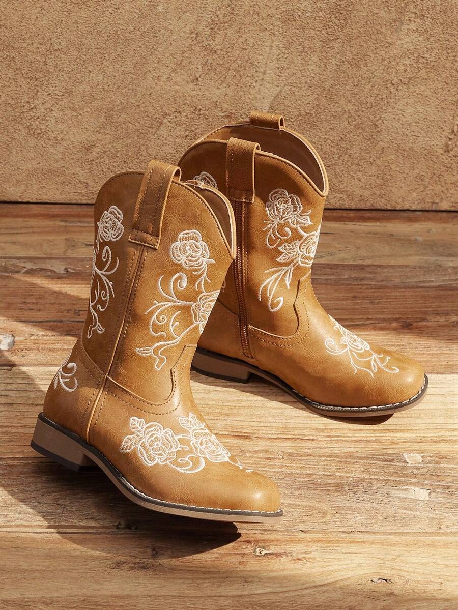 Girls Cowboy Boots Floral Embroidered Classic Western Cowgirl Boots Square Toe Mid Calf Side Zipper Horsing Party Toddler/Little/Big Kids - 卡其色 - 查看 1