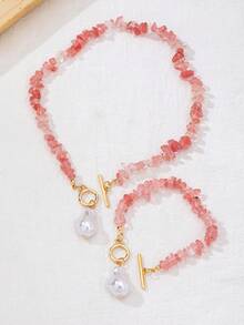 Summer Fresh Gradient Pink Crushed Stone Baroque Faux Pearl Necklace & Bracelet 2 Pieces Set, Beach Travel Photography Outfit Accessory With Light Luxury Vibe (Gift Box Not Included) For Kids - Pink - View 2