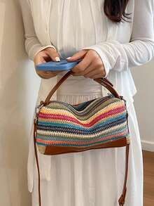 BAILEE Leisure Travel Woven Color-Blocked Shoulder Bag With PU Handle And Weaving Design. Perfect For Beachwear And Gift-Giving. - Multicolor - View 6