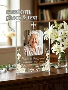 1pc Personalized Acrylic Photo Plaque, Customized Photo & Text Sakura Asymmetrical Floral Memorial Keepsake, Acrylic Photo Frame, Heartfelt Condolence Bereavement Gift, Funeral Memorial Table Decor, Funeral, Memorial Ceremony - Multicolor - View 13