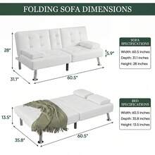Modern Faux Leather Futon Sofa Bed For Living Room Convertible Folding Adjustable Recliner With 2 Cup Holders - 白色 - 查看 6