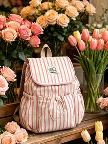 1pc Striped Pattern Drawstring Flap Backpack, Lightweight Casual Backpack, Multi-Pocket Student Backpack, Fashion Accessory For Girls/Teens/Students For Commuting, School, Beach, Travel, Daily Use - Multicolor - View 1