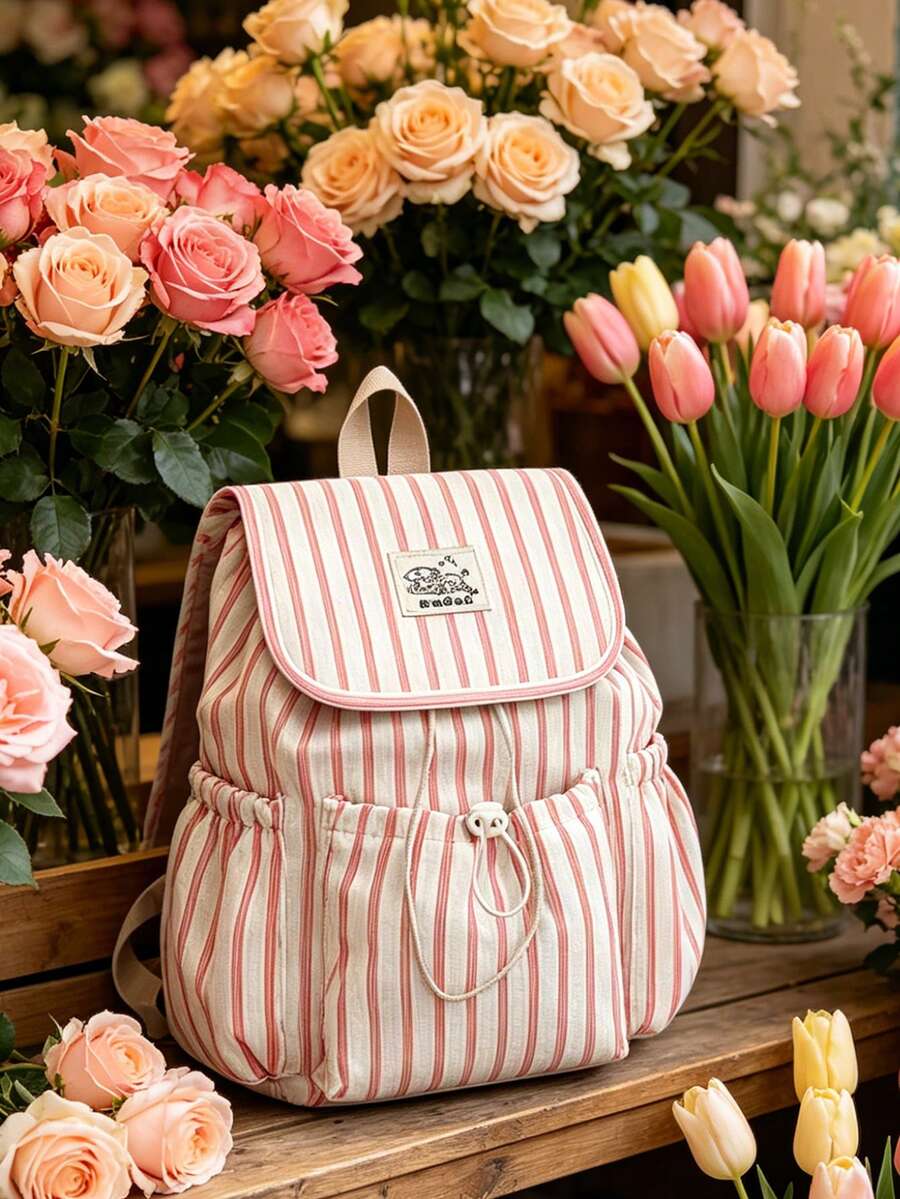 1pc Striped Pattern Drawstring Flap Backpack, Lightweight Casual Backpack, Multi-Pocket Student Backpack, Fashion Accessory For Girls/Teens/Students For Commuting, School, Beach, Travel, Daily Use - Multicolor - View 1