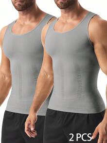 Conjunto 2 Camisetas Moldeadoras Hombre, Ropa Interior Compresión Adelgazante Soporte Espalda Control Abdominal, Tela Nylon Transpirable, Colores Gris y Azul - Gris - Ver 4