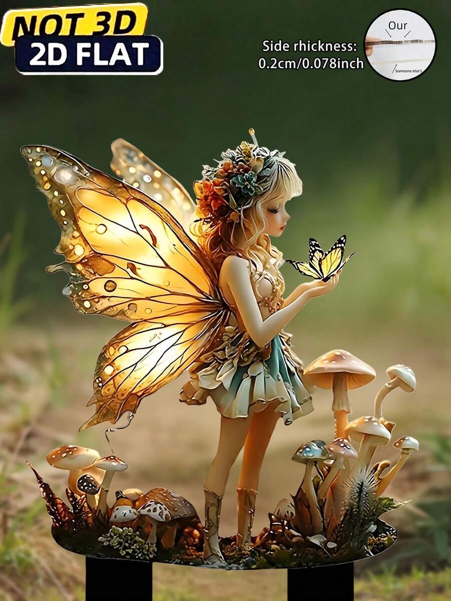 2D Flat, 1pc Summer Winged Fairy Holding Butterfly Mushroom Girl, Outdoor Decor, Garden Decor (17cm/6.69inch) Fairy Garden, Mushroom Decor Garden Statue Outdoor Home Decor, Yard Decor, Lawn Decor, Patio Decor, Gardening Supplies, Back To School, Thanksgiving, Suitable For 11 Seasons, Acrylic Print, Wedding Season Decor, Perfect Gift For Family And Friends