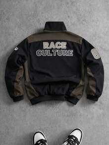 Men's Black & Brown Colorblock Racing Style Stand Collar Jacket, Number & Letter Zipper Loose Streetwear Outerwear, Versatile Casual Jacket - Black - View 2
