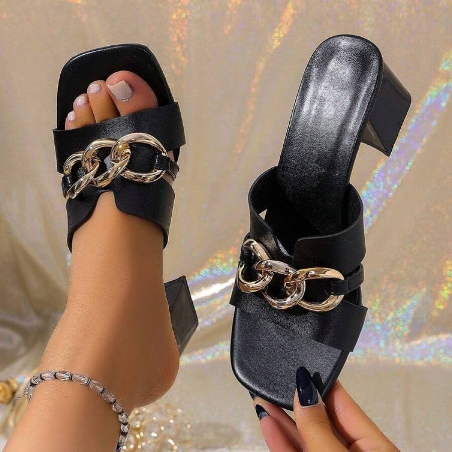 Women's Square Toe Metal Chain Chunky Heel Sandals, Multi-Functional Open Toe High Heel Mule Shoes, Suitable For Outdoor Wear, Summer Fashion Sandals - Black - View 1