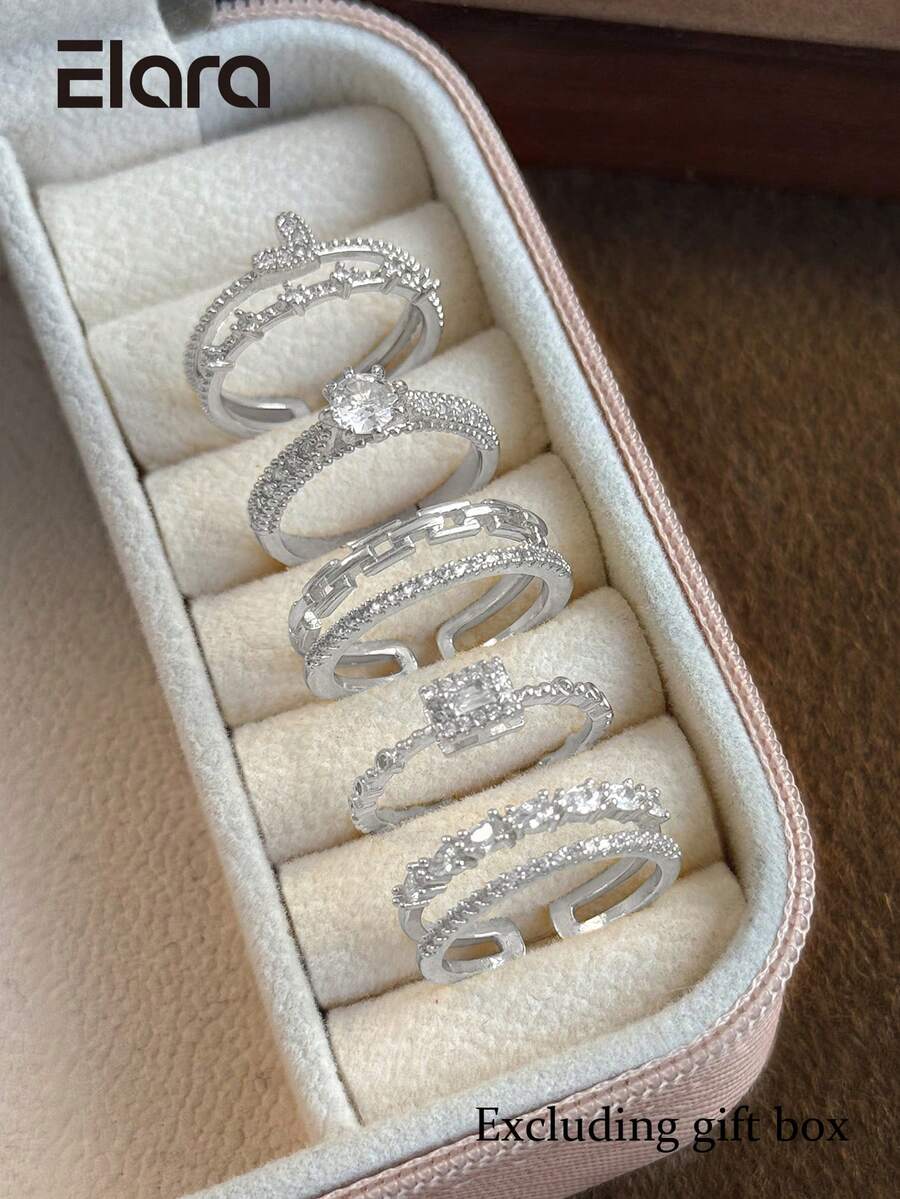 5pcs Fashion Cubic Zirconia Open Copper Rings Set Suitable For Women Wedding Party Wear (Gift Box Not Included)