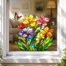 Stained Glass Style Flower & Butterfly Window Cling, Reusable Static Window Decal, Non-Adhesive Suncatcher Sticker, Colorful Floral Privacy Film, Removable Home Decor For Living Room Bathroom Kitchen - Colorful Flower Stickers - View 4