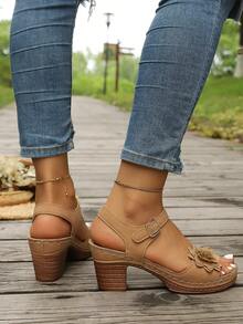 Sweet Pink Floral Chunky Heel Sandals, Ankle Strap Platform Heels, Height Increasing Dress Shoes For Daily Dating - Brown - View 5