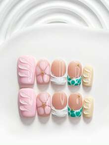 10件裝休閒風手工穿戴式美甲貼片，Polygel美甲套組，綠色波點與粉色花卉設計，白色、綠色、黃色、粉色指甲油，極簡風，含美甲工具，3種尺寸可選，方形、短方形、杏仁形，適合派對、跳舞、日常配戴 - 彩色 - 查看 16