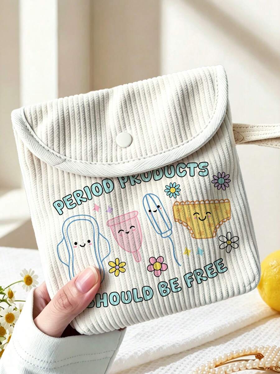"Menstrual Supplies" Letter Pattern Corduroy Storage Bag / Sanitary Pad Storage Bag / Travel Makeup Bag / Toiletry Storage Bag / Large Capacity Lipstick Storage Box / Portable Makeup Bag / Women's Small Item Storage Bag / Daily Commute Storage Bag / Small Multi-Functional Makeup Bag / Sanitary Pad Storage Bag, Menstrual Special Bag | Menstrual Essentials - Multicolor - View 1