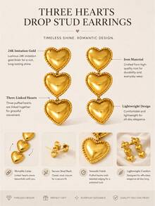 1 Pair Long Earrings, 24K Gold-Plated Iron Body With 3D Heart Decoration, Elegant French Classic Style - Love - View 7