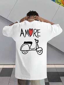 Tops,Men'S Summer Casual Short Sleeve T-Shirt - AMORE Italian Stallion Motorcycle Pattern Print Front And Back Design, 2D Heat Transfer - 黑色 - 查看 6