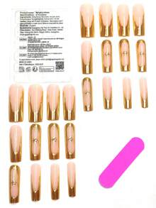 24 piezas de pegatinas de uñas cuadradas largas minimalistas francesas con estrellas 3D, con 1 lima de uñas y 1 esmalte de uñas de gel - Multicolor - Ver 4