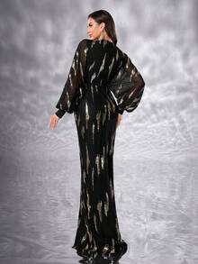 YISIKADO Women's Deep V-Neck Sequin Lantern Sleeve Long Evening Dress - Multicolor - View 2