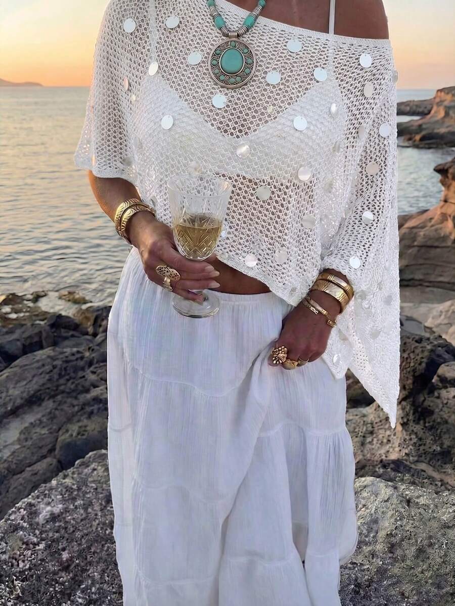 Women's Summer Side Top With Asymmetrical Hem, Lightweight And Breathable Shiny Fabric, Loose Fit Suitable For Various Figures, Casual Beach Top, Bohemian Style Summer Outfit CJ77 - 銀色 - 查看 1