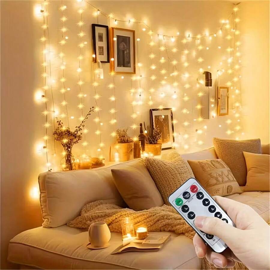 USB-betriebene Vorhang-Lichterkette, 8 Blinkmodi, mit Fernbedienung, geeignet für Weihnachten, Hochzeit, Geburtstag, Party, Hausgarten, Feiertagsdekoration, Heimdekoration, Weihnachtsdekoration, Raumdekoration, Winter-Weihnachtsdekoration, Weihnachtsgeschenk für Zuhause, Weihnachtsdekoration