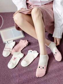 5/10 Pairs Women Cute 3D Cat Ear Design Short Socks, Japanese Style - Pink - View 2
