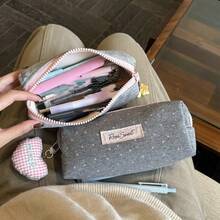 1pc Grey Pink Star High Beauty Pen Bag Large Capacity Student Stationery Pen Bag Stationery Storage Bag - Multicolor - View 3