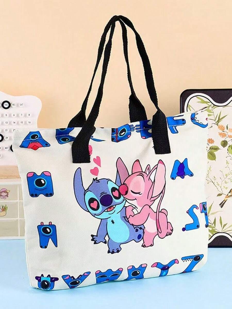 1pc Disney Cartoon Canvas Tote Bag Mickey Stitch Pattern Lightweight Durable Lunch Bag Shopping Bag..Versatile Shoulder Bag Mommy Bag - Multicolor - View 1