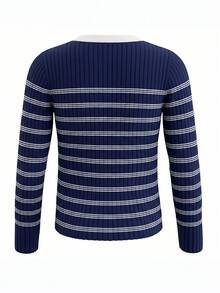 Vintage Casual Color Block Knit Sweater Women Autumn Inner Layer Slimming Long Sleeve Top - Blue - View 9